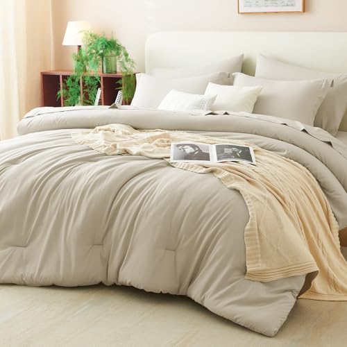 CozyLux King Comforter Set Oatmeal, 7 Pieces Bed in a Bag Soft Bedding Comforter Set with Sheets, All Season Boho 7PC Bed Sets with Comforter, Fitted Sheets, Flat Sheets, Pillow Shams and Pillowcases CozyLux