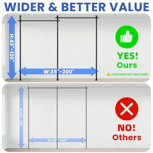 Room Divider No Drill Tension Curtain Rods Wall Divider for Room Separation (W) 35-200in×(H) 43-120in Adjustable, Heavy Duty Partition Space Separator Freestanding Tension Curtain Stand, Black Sovtfides