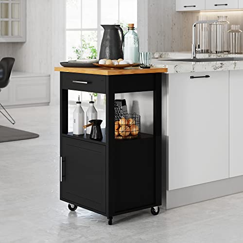 Shintenchi Kitchen Island Cart with Storage,Rolling Kitchen Island Side Table on Wheels with Worktop,Single Door Storage Cabinet and Drawer for Kitchen,Dinning Room, Black Shintenchi
