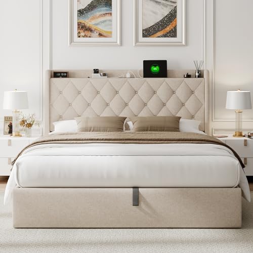 Feonase Full Size Bed Frame with Storage & Charging Station - Hydraulic Lift Up Platform Bed, Upholstered Button Tufted Headboard, Sturdy Wooden Slats, Noise-Free, No Box Spring Needed,Beige Feonase