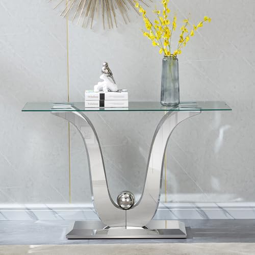 Henf Luxury Glass Console Table Modern 47" Slim Entryway Table with Silver Floral-Shape Stainless Steel Base and Clear Glass Top, Silver Sofa Tables for Living Room Hallway Corridor Office Henf