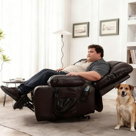 RHHVVR Oversized Power Recliner Chair for Big and Tall 400 LBS, 25.5" Extra Wide Electric Lift Chair with Heat and Massage, Dual Motor 180° Lay Flat Recliner Living Room Sofa, PU Leather Big Recliner RHHVVR