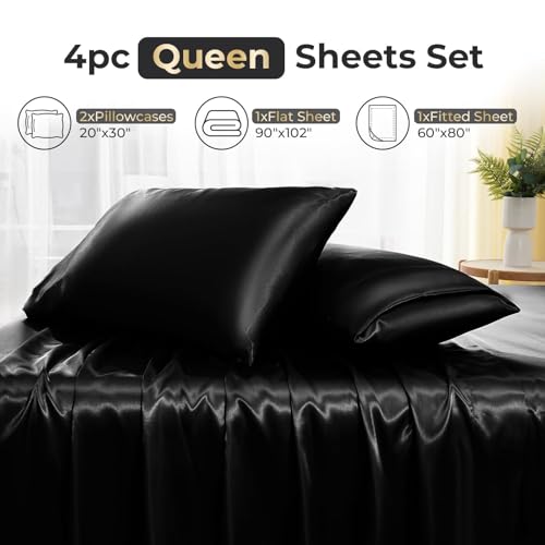 Sasttie Satin Sheets Queen Size - 4 Pieces Luxury Soft Black Silky Bed Sheets Set with Pillowcases - Smooth Silk-Like Satin Fabric, Reinforced 14 Inches Pocket, Oeko-Tex Certified Sasttie