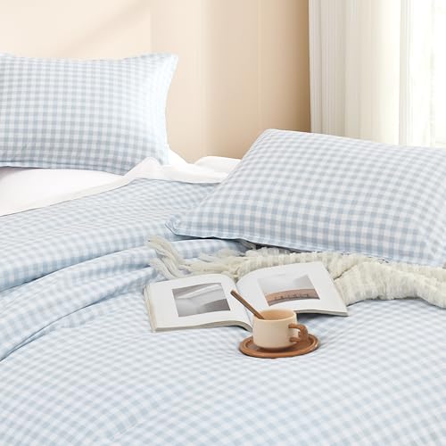 Andency Light Blue Gingham Comforter Set Full(79x90Inch), Checkered Grid Plaid Buffalo Bed Set for Girls Boys Kids Teens, 3 Pieces Lightweight Microfiber Geometric Preppy Bedding Andency
