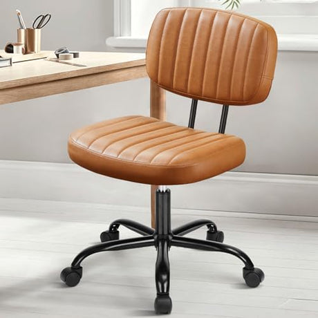 DUMOS Small Armless Home Desk Chair with Low Back Lumbar Support, Height Adjustable PU Leather Computer Task with 360° Swivel Wheels, for Small Space, Kids and Adults, Brown DUMOS