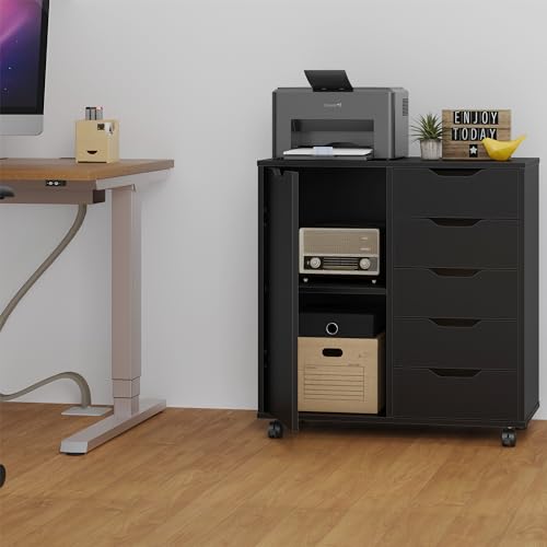 Panana 5-Drawer Chest with 1 Door, Wooden Chest of Drawers Storage Dresser Cabinet with Wheels, Office Organization and Storage, Bedroom Furniture (Black-S) Panana