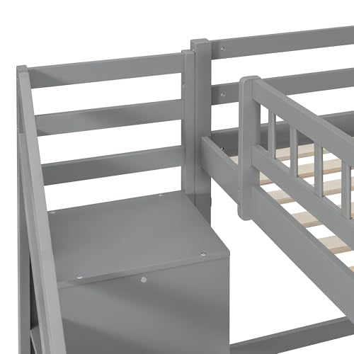 Bellemave Full Loft Bed with Stairs and Shelves, Wood Loft Bed with Two Chest of Drawers, Wardrobe, LED for Kids, Teens, Adults, Gray Bellemave