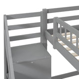 Bellemave Full Loft Bed with Stairs and Shelves, Wood Loft Bed with Two Chest of Drawers, Wardrobe, LED for Kids, Teens, Adults, Gray Bellemave