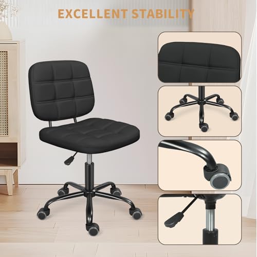 ERGOSEAT Armless Home Office Desk Chair with Wheels, Modern Ergonomic Drafting Rolling Chair with 360° Swivel Wheels,Height Adjustable Computer Task Chairs for Small Space, Black ERGOSEAT