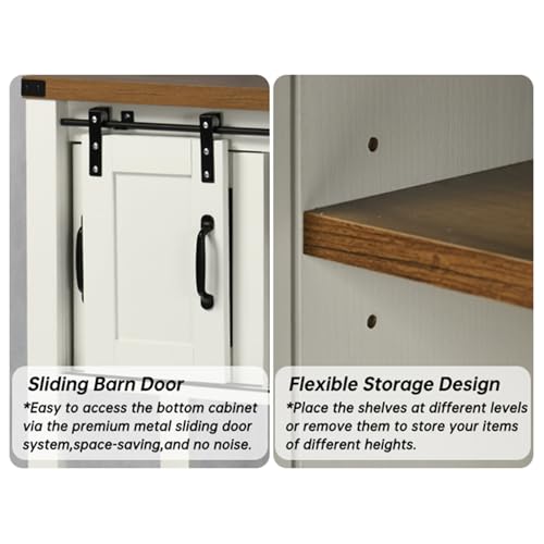Farmhouse Coffee Bar Cabinet with Sliding Barn Doors and Storage - 47'' White Coffee Table with Open Shelf for Living Room 4ever2buy