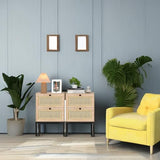XIAO WEI Rattan Nightstand Set of 2 with Handmade Natural Rattan Drawers, Bedside Tables, End Table, Rattan Side Table, Boho Wood Nightstand, for Bedroom, Living Room, Metal Legs XIAO WEI