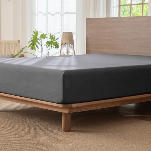 MooMee Fitted Bottom Sheet Only 100% Washed Cotton Linen Like Textured Breathable Durable Soft Comfy Deep Pocket Fits Mattress up to 17" (Dark Grey, Twin) MooMee
