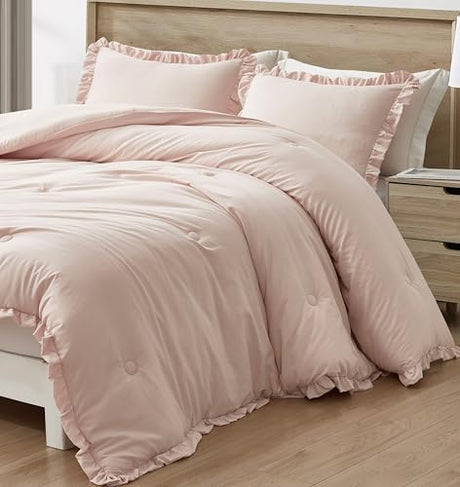 Chezmoi Collection Nora Blush Comforter Set Twin Size 2-Piece Lightweight Soft Stone-Washed Ruffled Shabby Chic Bedding for All Season Chezmoi Collection