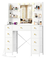 Akxomel Vanity Desk with Mirror and Lights, White Makeup Vanity Table with with Power Outlet, 13.8" D x 37.4" W x 55.1" H, Storage Drawers, Compact Modern Vanity Desk for Bedroom, for Girls, Women Akxomel
