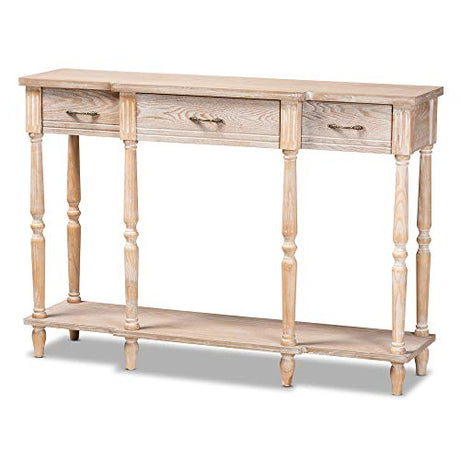 Baxton Studio Hallan Classic and Traditional French Provincial Rustic Whitewashed Oak Brown Finished Wood 3-Drawer Console Table Baxton Studio