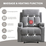 CANMOV Manual Recliner Chair with Massage & Heat,Soft Fabric Recliner Chair with Overstuffed Armrest & Backrest, Manual Reclining Single Sofa with 2 Cup Holders, Side Pocket for Living Room,Light Grey