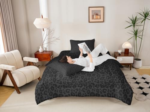 Manfei African Cheetah Wildlife Bed Comforter Set Queen Size Black Wild Animal Skin Super Soft Microfiber Bedding Set for Adults Teens Leopard Print Comforter Set 2 Pillowcases Manfei