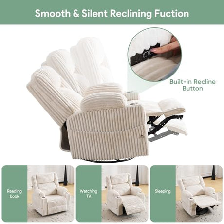 Power Recliner Chair with Massage and Heat, Oversized Swivel Rocker Recliner for Adults with Adjustable Headrest, Nursery Glider with Arm Storage and Cup Holder, Beige RUTOX