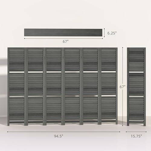 HOMCOM Room Divider, 6 Panel 67" Tall Wood Privacy Screen with 3 Display Shelves, and Folding Storage for Bedroom or Home Office, Gray HOMCOM