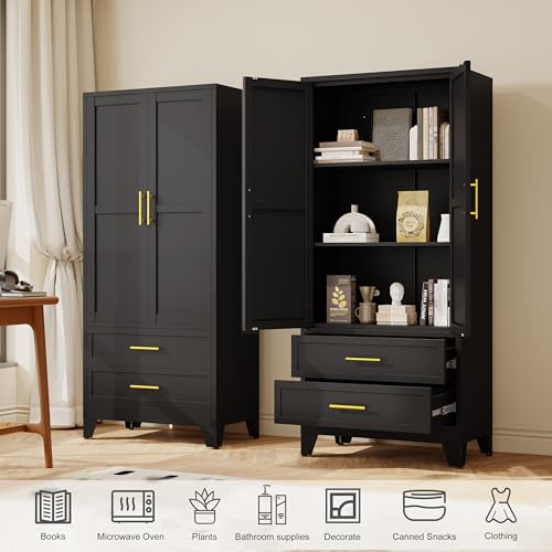 GAIOUS Steel Pantry Cabinet, 71" Metal Storage Cabinets with 2 Doors, 2 Adjustable Shelf and 2 Drawers, Freestanding Storage Cabinet for Bedroom, Kitchen, Home Office (Black) GAIOUS