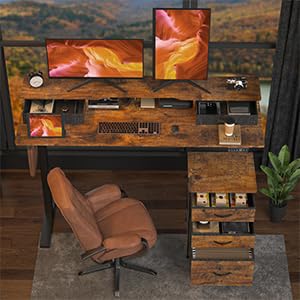 REGISDESK 63 Inch Electric Standing Desk with Cabinet & Drawers, Height Adjustable Sit Stand Desk with Monitor Shelf, Smart Home Office Standing Computer Desk, Rustic Brown - WoodArtSupply