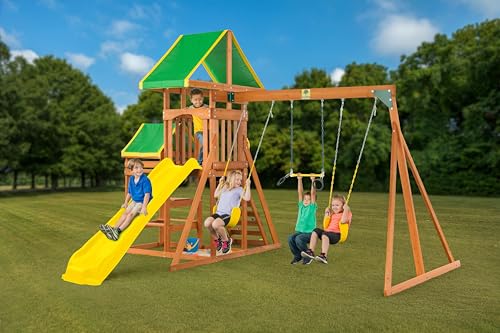 Sky View Cedar Backyard Playset | W: 17'10" D: 9'4" H: 9'9" | Glider & 2 Belt Swings | Binoculars, Steering Wheel & Telescope | Kids Age 3-12 | ASTM Standards | 10-Yr Wood Warranty (Yellow Slide)