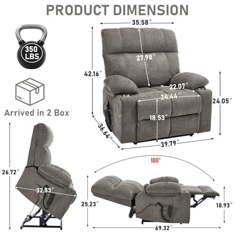 RHHVVR Oversized Recliner Electric Lift Chair, Power Lift Recliner for Big and Tall, 180° Lay-Flat and Assisted Standing, Extra Large Sofa with 8-Point Massage & Heating, Medium-Soft, Gray RHHVVR