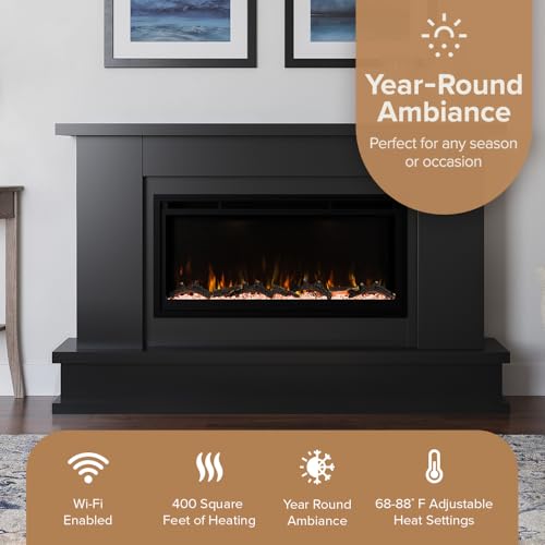 Modern Ember Patton Black Mantel Package 64" W x 42" H with 42 Inch Electric Fireplace - 5 Flame Colors, 10 Ember Bed Colors, Log Kit & Crystal Embers | Alexa/WiFi Enabled Modern Ember