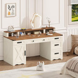 YOMILUVE Farmhouse Executive Desk with Drawers & Storage Shelves, 55" Computer Desk with Power Outlets, Home Office Desk with Monitor Stand & File Drawers, Writing Study Table, Antique White YOMILUVE