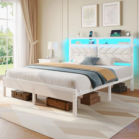 Seventable Bed Frame Full Size with Charging Station, LED Bed with Upholstered Storage Headboard, Metal Platform Bed with Under Bed Storage, No Box Spring Needed, Noise Free, Easy Assembly, White Seventable