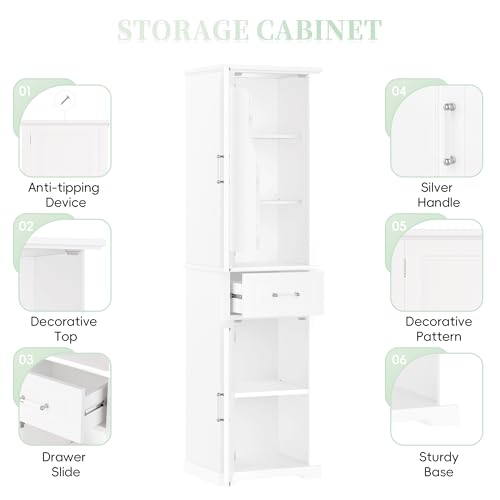 Pasirou 72" Tall Narrow Storage Cabinet with 2 Doors and One Drawer, Modern Freestanding Pantry Organizer with Adjustable Shelf and Door Shelves for Bathroom, Home Office, Kitchen, White Pasirou