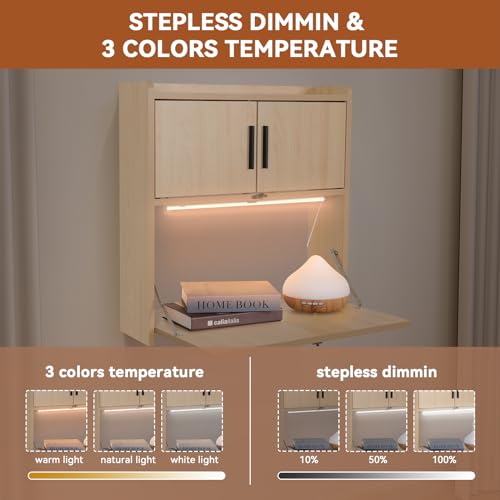 ARTETHYS Wall Mounted Desk with LED Light Multifunctional Fold Down Laptop Computer Table Writing Workstation with Storage Compartments Space Saving for Home Office Wood Color ARTETHYS