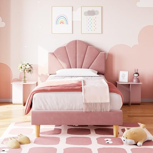 IDEALHOUSE Twin Bed Frame, Velvet Upholstered Platform Bed Frame with Height Adjustable Headboard for Boys & Girls, Wood Slat Support, Easy to Assemble, No Box Spring Needed, Light Pink IDEALHOUSE