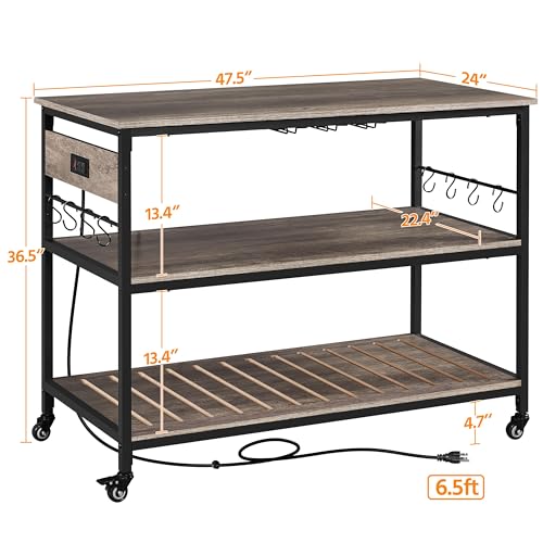 Yaheetech Kitchen Cart with Power Outlet, Rolling Kitchen Island on Wheels with Glass Holder & Hooks, Utility Trolley Cart Coffee Bar Microwave Stand Cart with Lockable Casters, Taupe Wood - WoodArtSupply