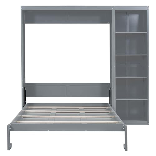 Merax Queen Size Murphy Bed, Wood Queen Wall Bed Frame with Shelves, for Home, Office or Small Room, Gray Merax