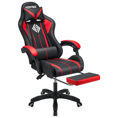HOFFREE RGB Gaming Chair with Speakers Massage Computer Gaming Chair with LED Lights and Footrest High Back Video Game Chair for Adults Red and Black HOFFREE