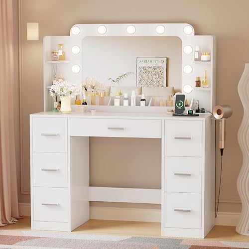 YESHOMY Vanity Desk with Large Lighted Mirror, Power Outlet and 11 Lights, Makeup Table with 7 Drawers and 3 Desktup Storage Units, 3 Color Modes Available for Bedroom, White YESHOMY