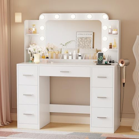 YESHOMY Vanity Desk with Large Lighted Mirror, Power Outlet and 11 Lights, Makeup Table with 7 Drawers and 3 Desktup Storage Units, 3 Color Modes Available for Bedroom, White YESHOMY