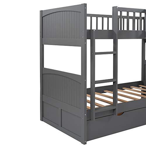 GAOWEI L-Shaped Bunk Bed with Drawers,Twin Over Twin Triple Bunk Beds and Loft Bed for 3 with Ladder & Guardrail & Headboard & Footboard Kids/Solid Wood Triple Bunk Bed for Kids (Gray) GAOWEI