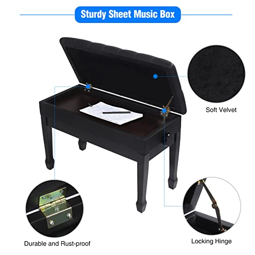 ALAPUR Adjustable Duet Piano Bench with Storage,Heavy Duty Wooden Double Keyboard Piano Bench Seat with PU Leather Cushion,Black ALAPUR