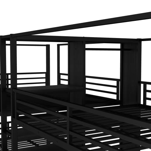 Queen Size Quadruple Metal Bunk Bed with Wardrobe & Storage Shelves, Quadruple Metal Bunk Bed Frame with Noise-Reduced Design (Black/Queen) MERITLINE