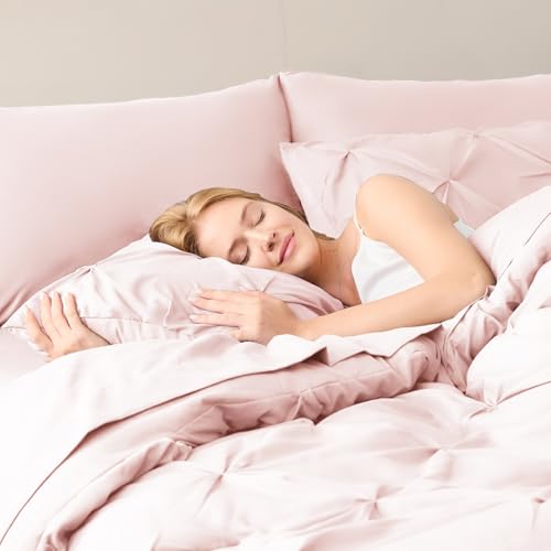 CozyLux Queen Comforter Set Blush Pink, 7 Pieces Pintuck Bed in A Bag, Premium Pink Comforter Queen Size, Pinch Pleat Bedding Sets with Comforter, Sheets, Pillowcases & Shams CozyLux