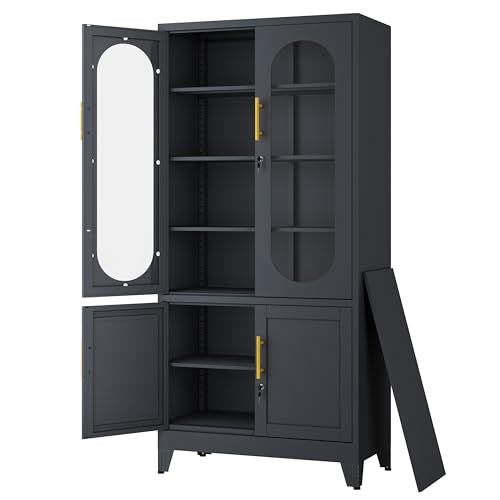 Lusiwry 71”H Metal Storage Cabinet with Lock Glass Doors and Shelves,Steel Garage File Cabinets, Kitchen Pantry Cabinet Tall Locker Organizer for Home, Office, Warehouse,Tool（Black） Lusiwry