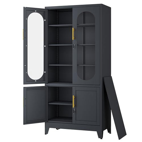 Lusiwry 71”H Metal Storage Cabinet with Lock Glass Doors and Shelves,Steel Garage File Cabinets, Kitchen Pantry Cabinet Tall Locker Organizer for Home, Office, Warehouse,Tool（Black） Lusiwry