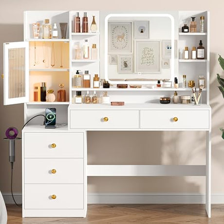 Makeup Vanity Desk with Mirror and Lights, 47'' Large Vanity Table with 5 Drawer, RGB Cabinet, Power Outlet, Jewelry Hook, 3 Light Mode & Brightness Adjustable, Bedroom Dressing Table for Girls, White Keehusux