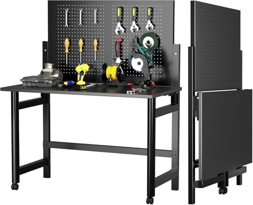 Heavy-Duty Foldable Wall-Mounted Workbench with Pegboard, 2000Lb Capacity Steel Work Table for Garage, Workshop, Warehouse, Home, Space-Saving Tool Storage, Black ExploreHorizon