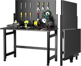 Heavy-Duty Foldable Wall-Mounted Workbench with Pegboard, 2000Lb Capacity Steel Work Table for Garage, Workshop, Warehouse, Home, Space-Saving Tool Storage, Black ExploreHorizon