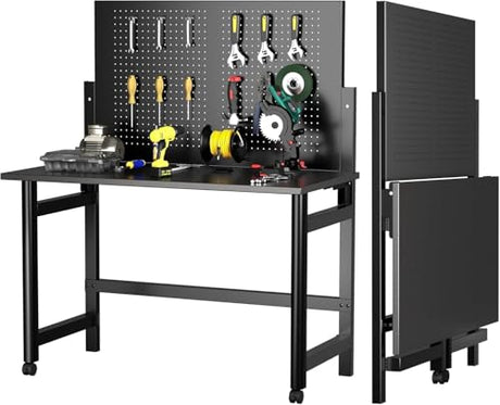 Heavy-Duty Foldable Wall-Mounted Workbench with Pegboard, 2000Lb Capacity Steel Work Table for Garage, Workshop, Warehouse, Home, Space-Saving Tool Storage, Black ExploreHorizon