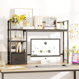 Desk Shelf with Drawer, 41.3" Desktop Organizer Shelf, Desk Hutch for Computer Monitor Max 32", 3 Tier Desktop Display Rack, Wooden Desk Top Bookshelf Storage Rack for Home Office Dorm, Black Mexin