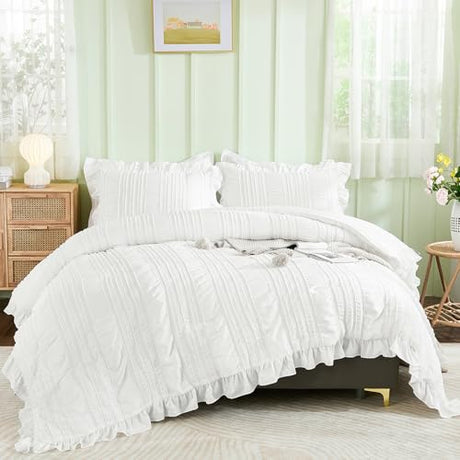 WONGS BEDDING White Comforter Set King,3 Pieces Ruffle Farmhouse Shabby Chic Boho Comforter for King Bed,Soft Textured Bedding Set with 1 Ruffle Comforter,2 Tufted Pillowcases 104"×90" WONGS BEDDING